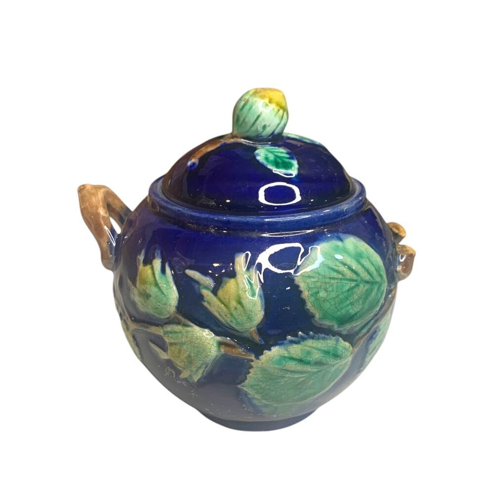 Foster Filbert Majolica Antique Sugar Bowl Lidded Damaged Cobalt Blue